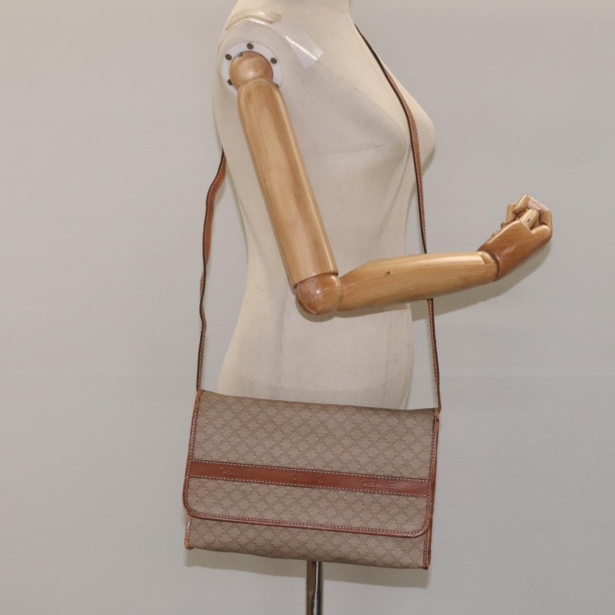 CELINE Macadam Canvas Shoulder Bag PVC Beige Brown gold Auth bs23079