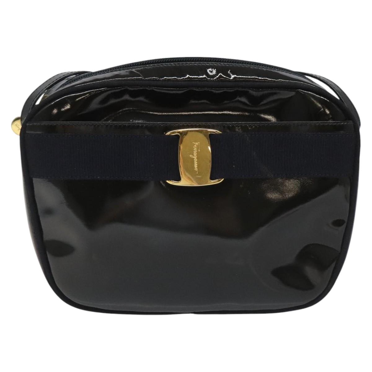 Salvatore Ferragamo Vala Shoulder Bag Patent leather Black Gold Auth bs23082