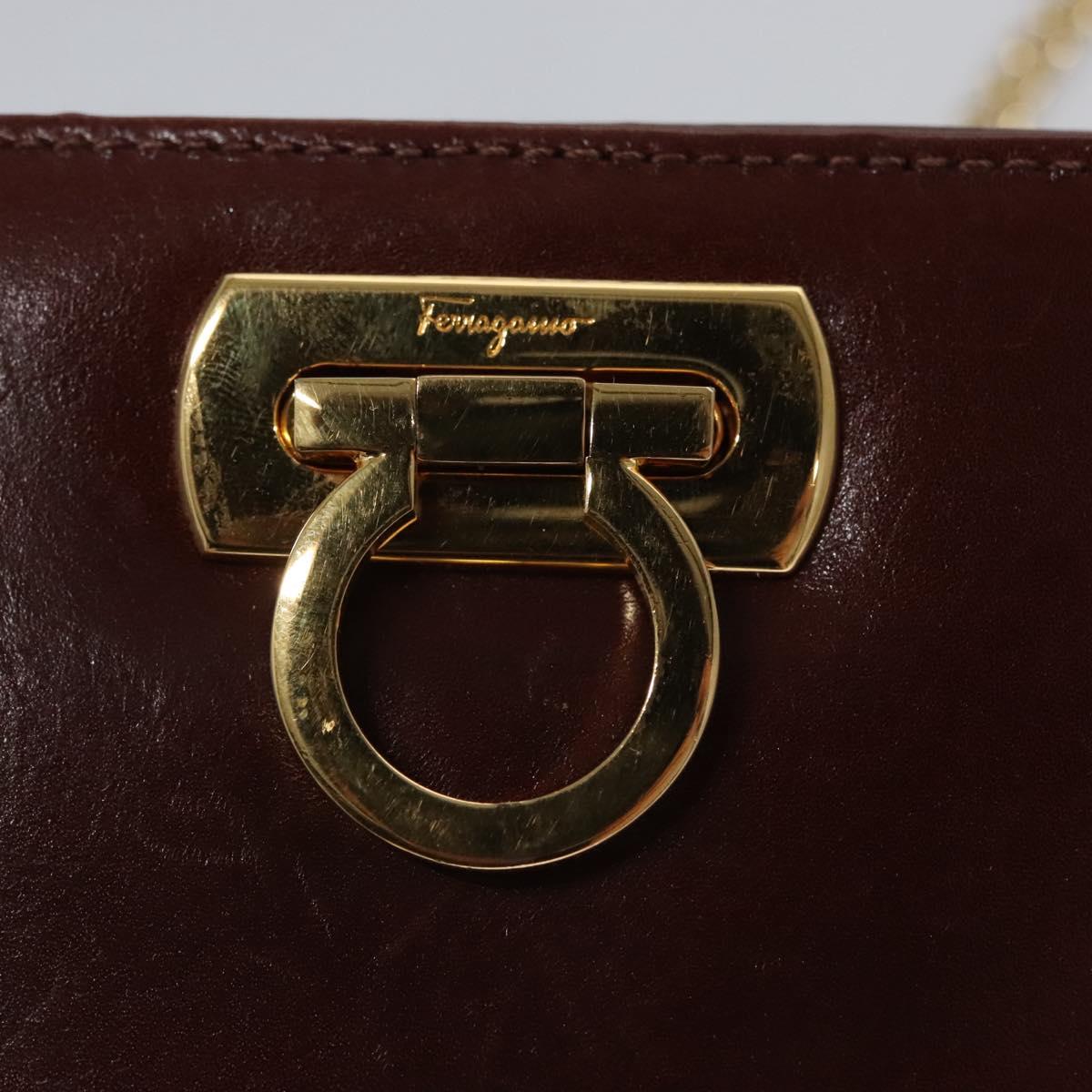 Salvatore Ferragamo Chain Gancini Shoulder Bag Leather Brown Gold Auth bs23090