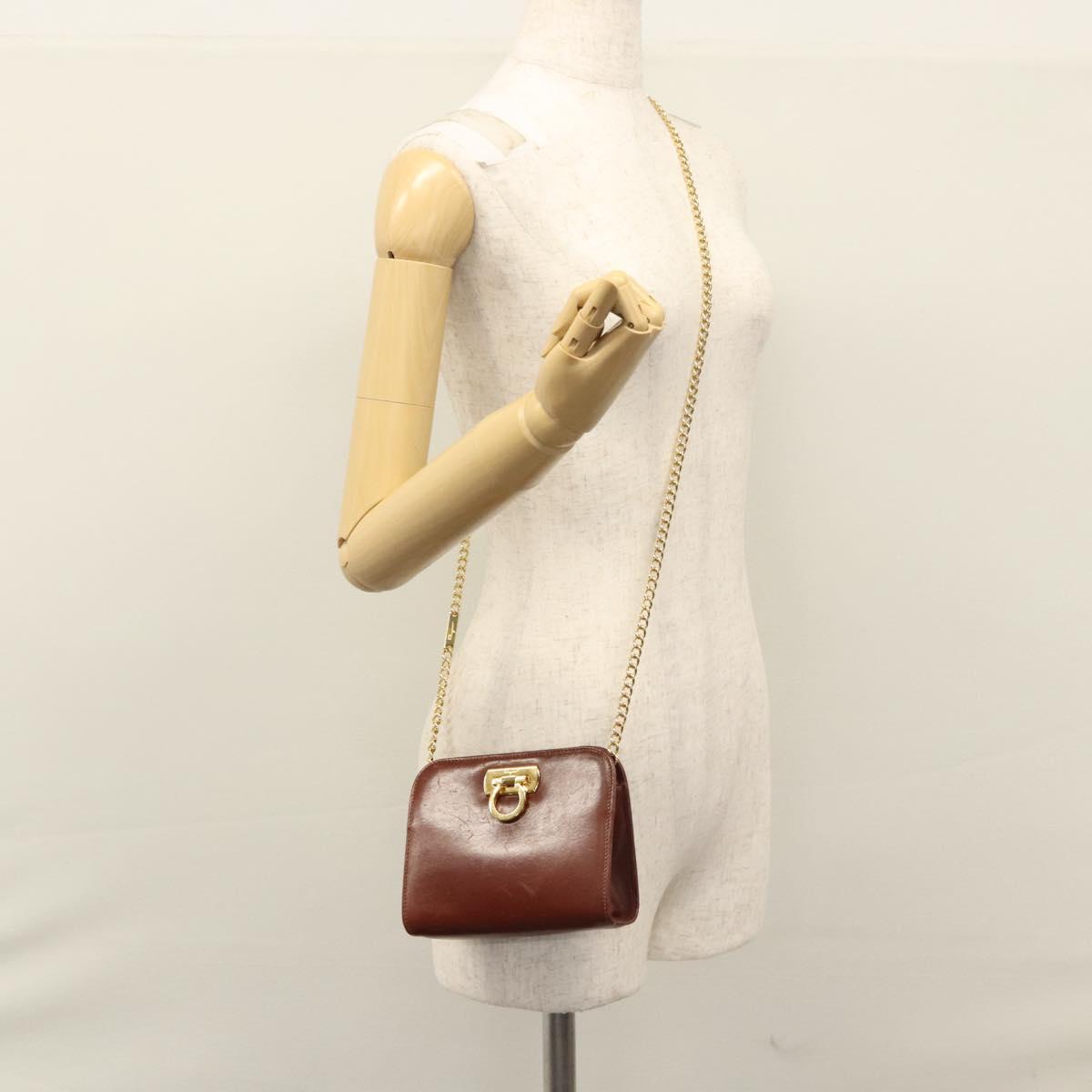 Salvatore Ferragamo Chain Gancini Shoulder Bag Leather Brown Gold Auth bs23090