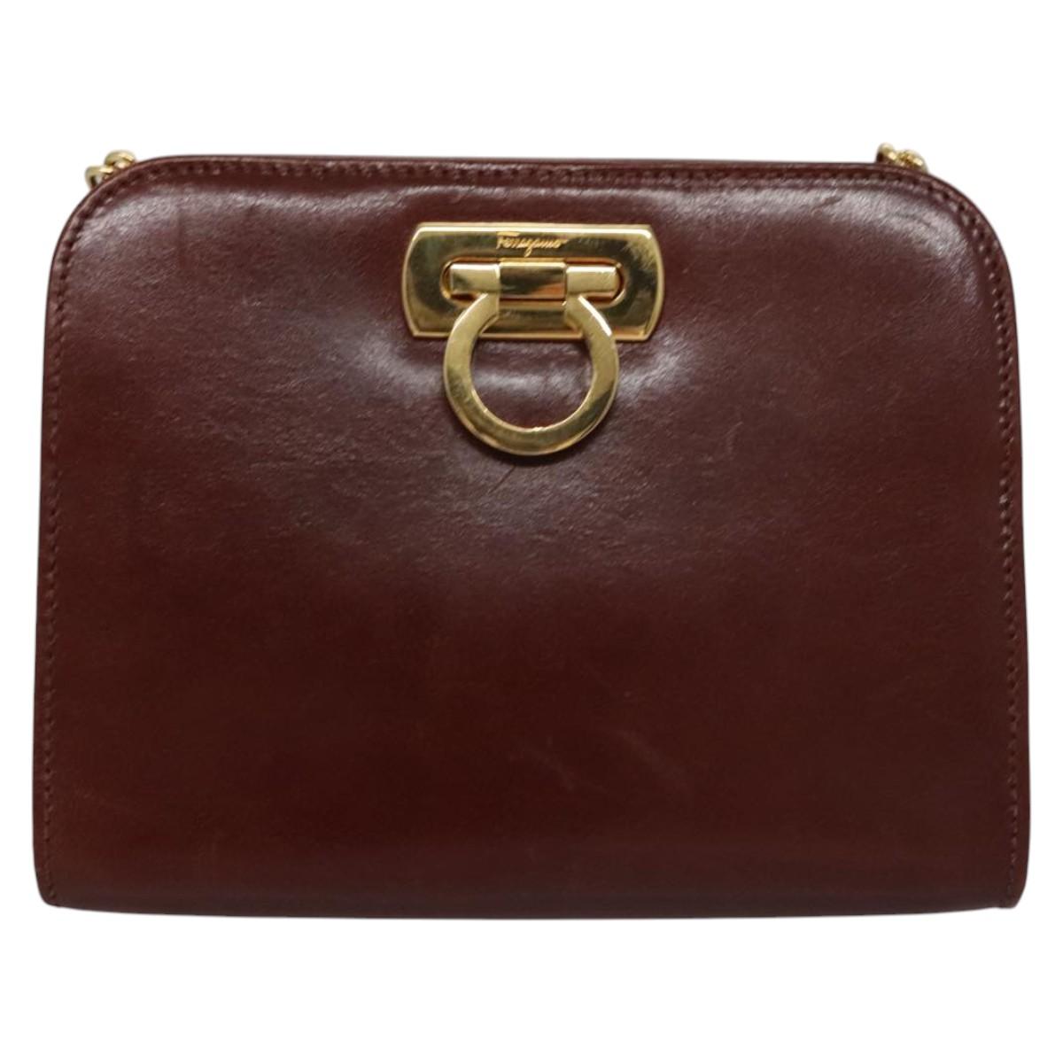 Salvatore Ferragamo Chain Gancini Shoulder Bag Leather Brown Gold Auth bs23090