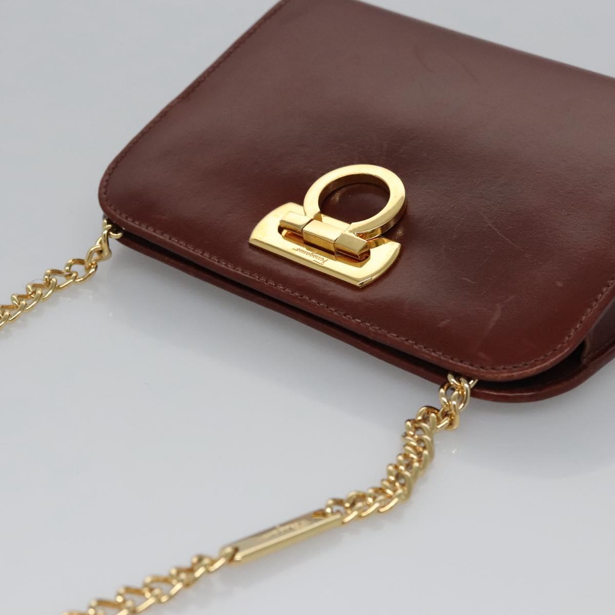Salvatore Ferragamo Chain Gancini Shoulder Bag Leather Brown Gold Auth bs23090