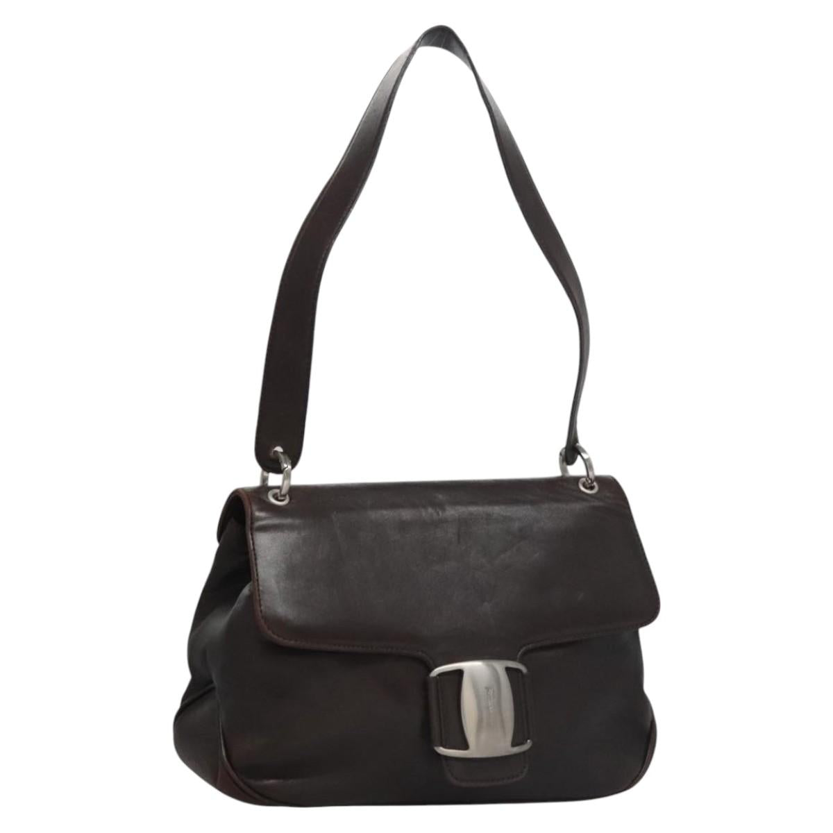 Salvatore Ferragamo Shoulder Bag Leather Brown Silver Auth bs23091