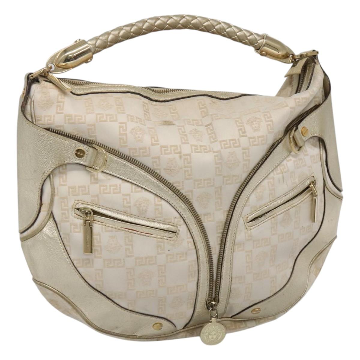 Gianni Versace Shoulder Bag Canvas Leather White Gold Auth bs23095