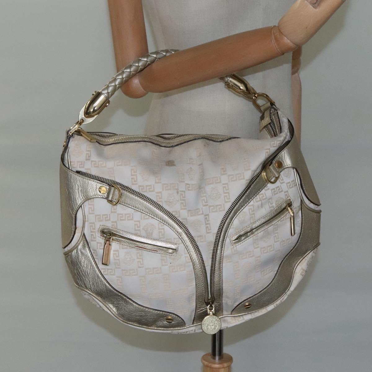 Gianni Versace Shoulder Bag Canvas Leather White Gold Auth bs23095