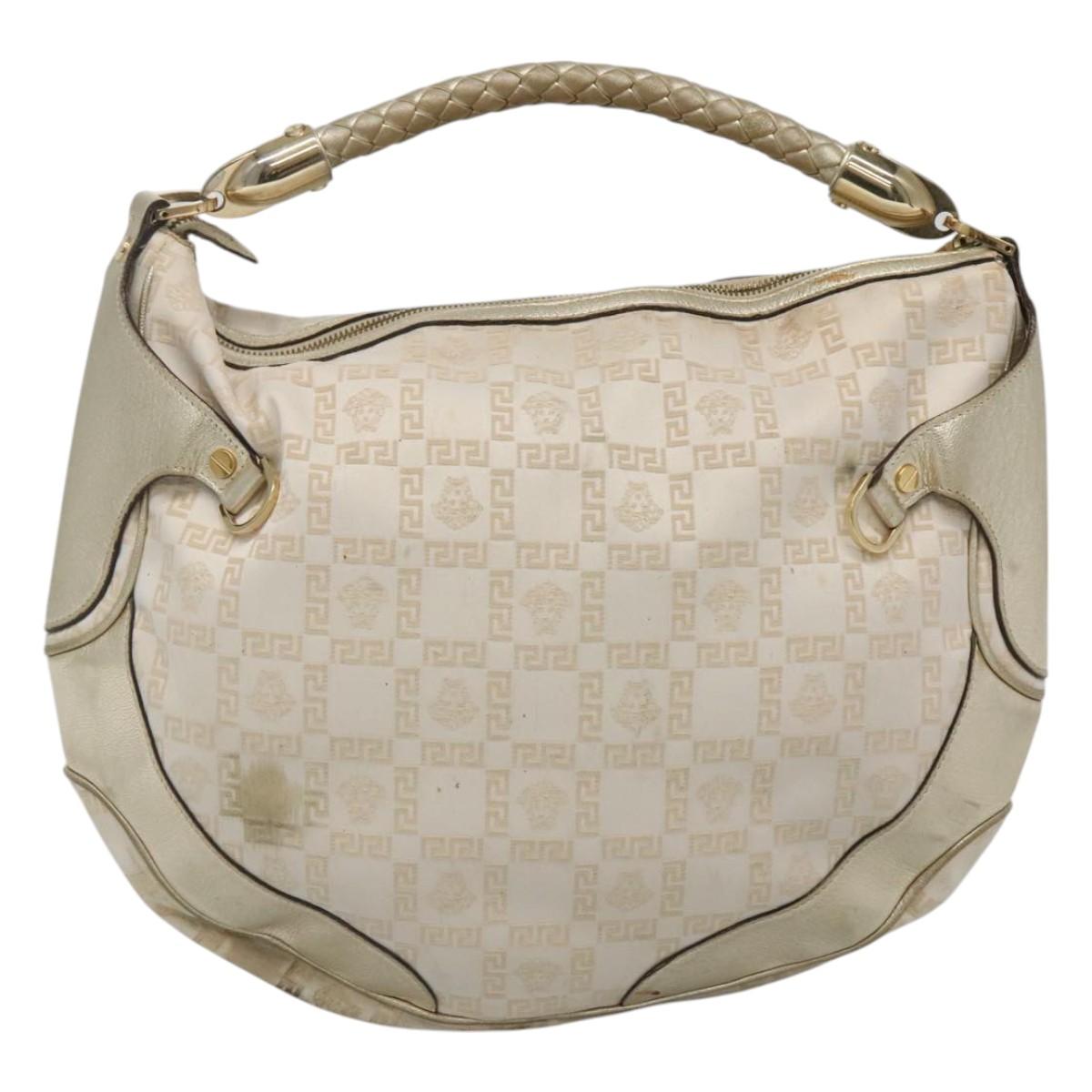 Gianni Versace Shoulder Bag Canvas Leather White Gold Auth bs23095