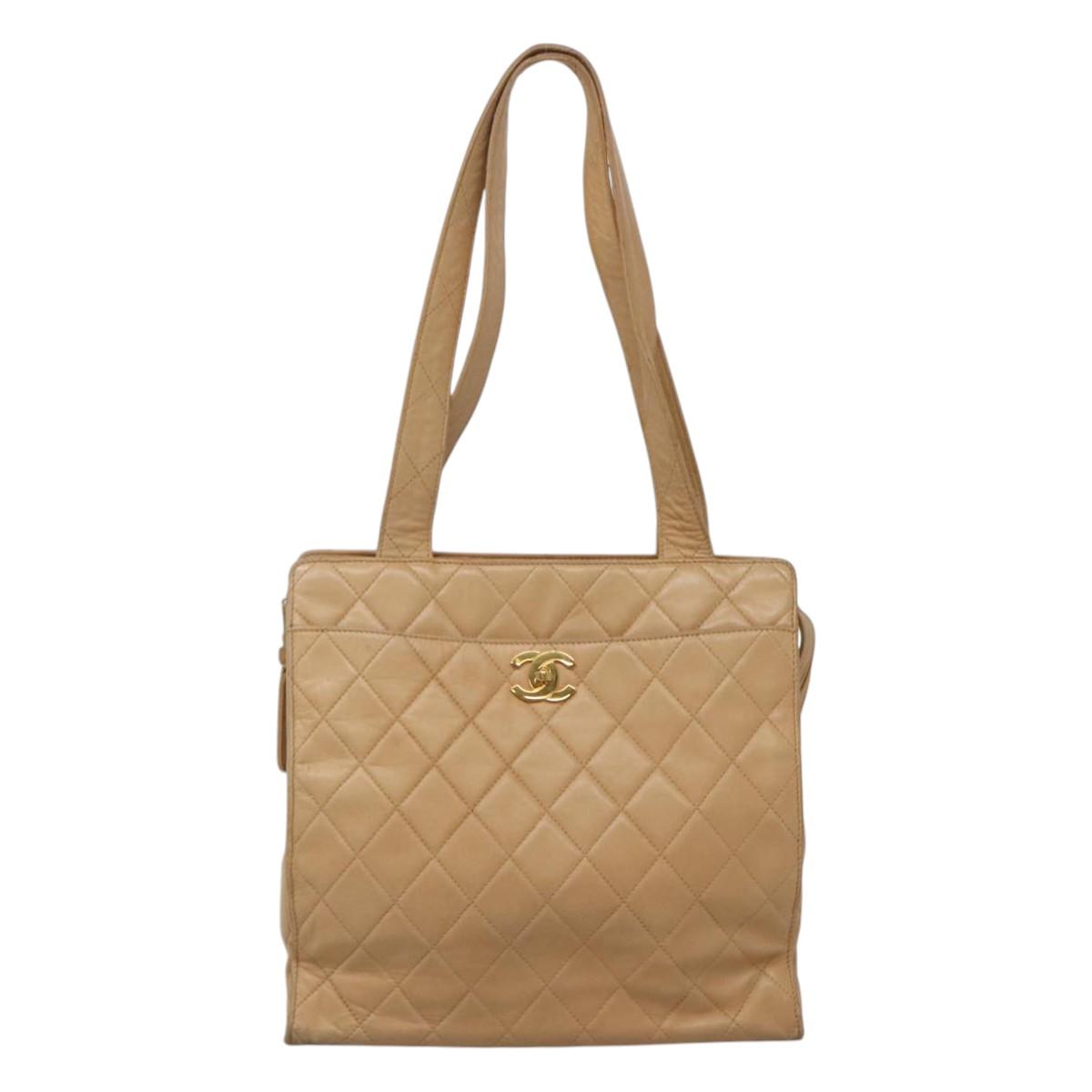 CHANEL Matelasse Shoulder Bag Lamb Skin Beige Gold CC Auth bs23120