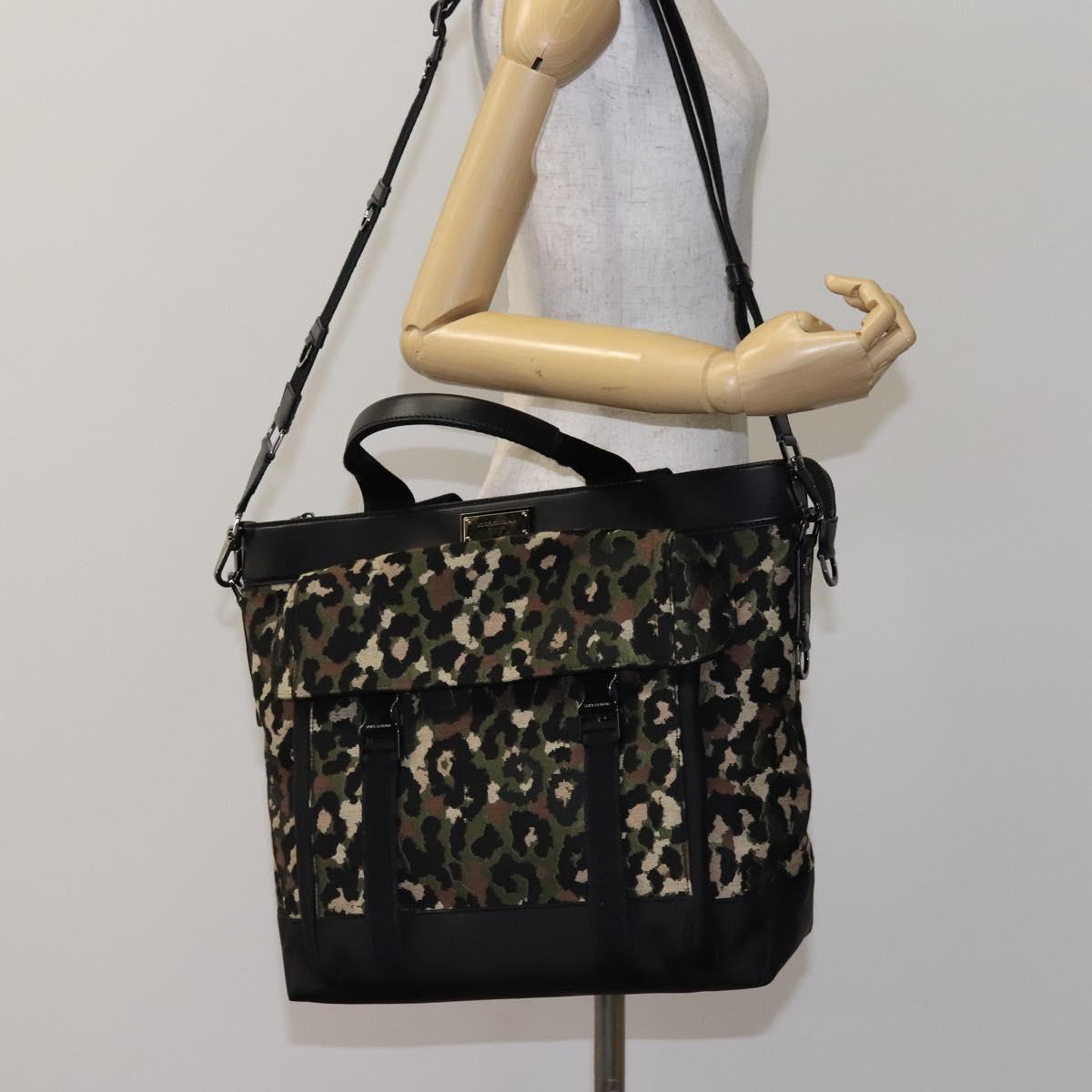 DOLCE&GABBANA Leopard Hand Bag Canvas 2way Green Black Auth bs23143