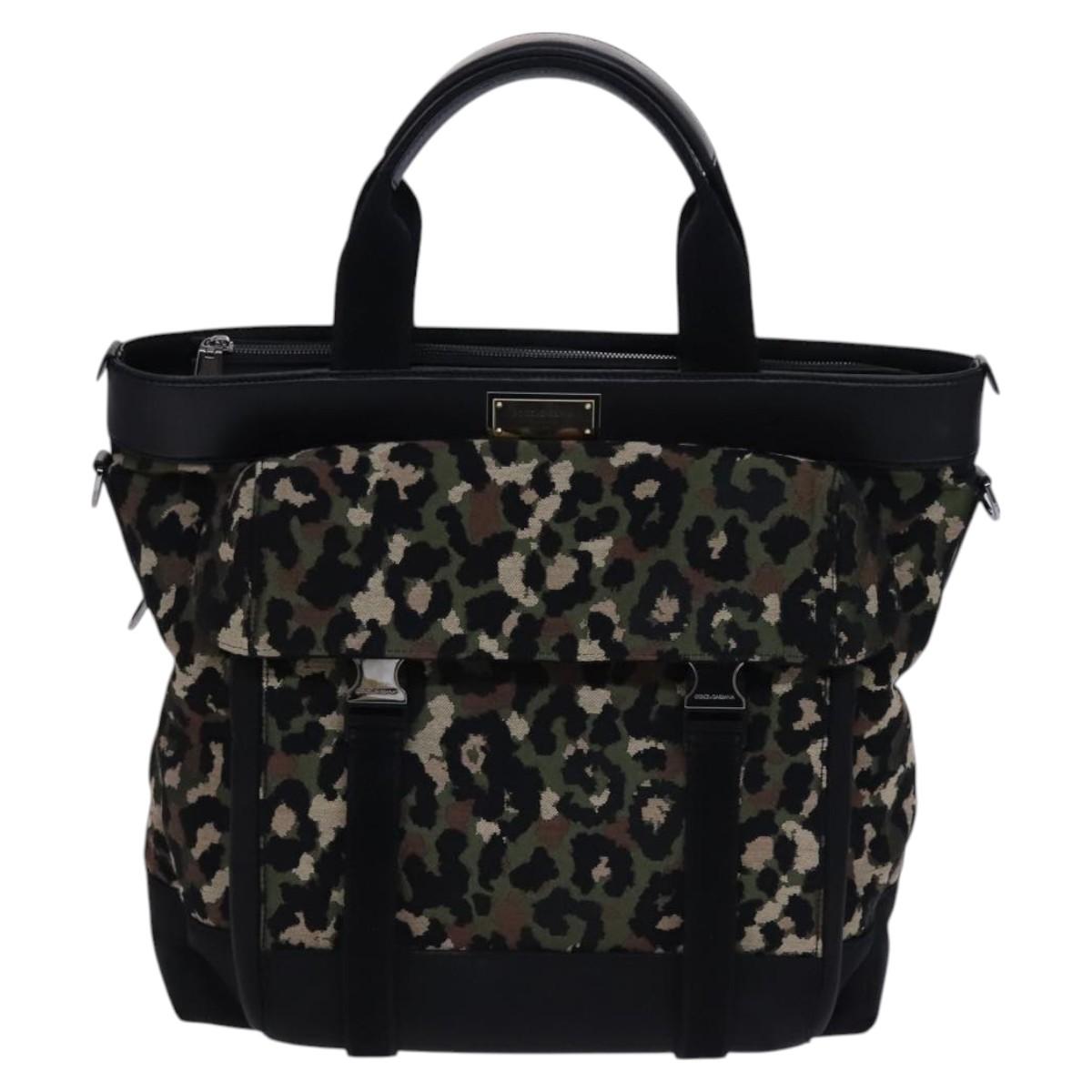 DOLCE&GABBANA Leopard Hand Bag Canvas 2way Green Black Auth bs23143