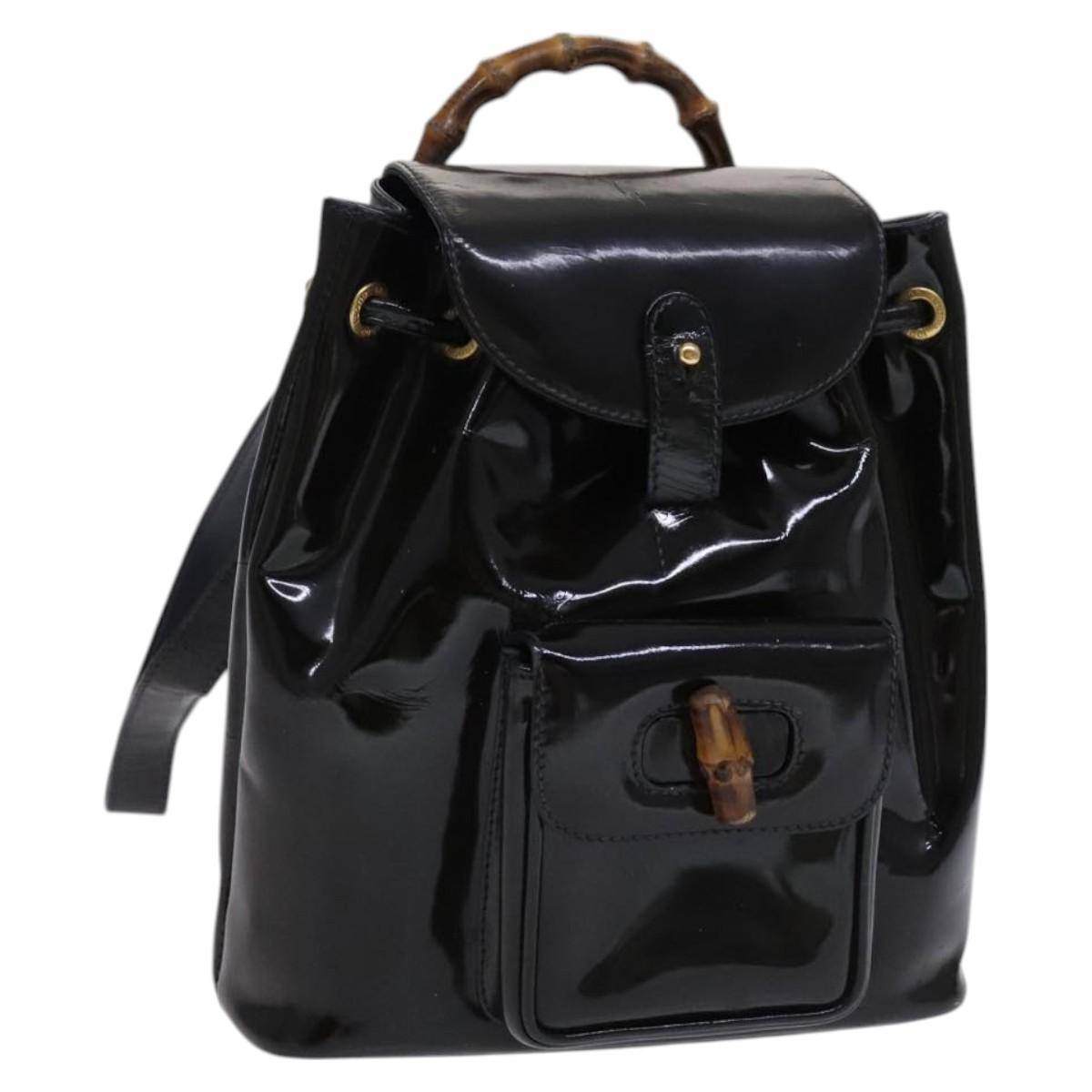 GUCCI Bamboo Backpack Enamel Black Gold Auth bs23155