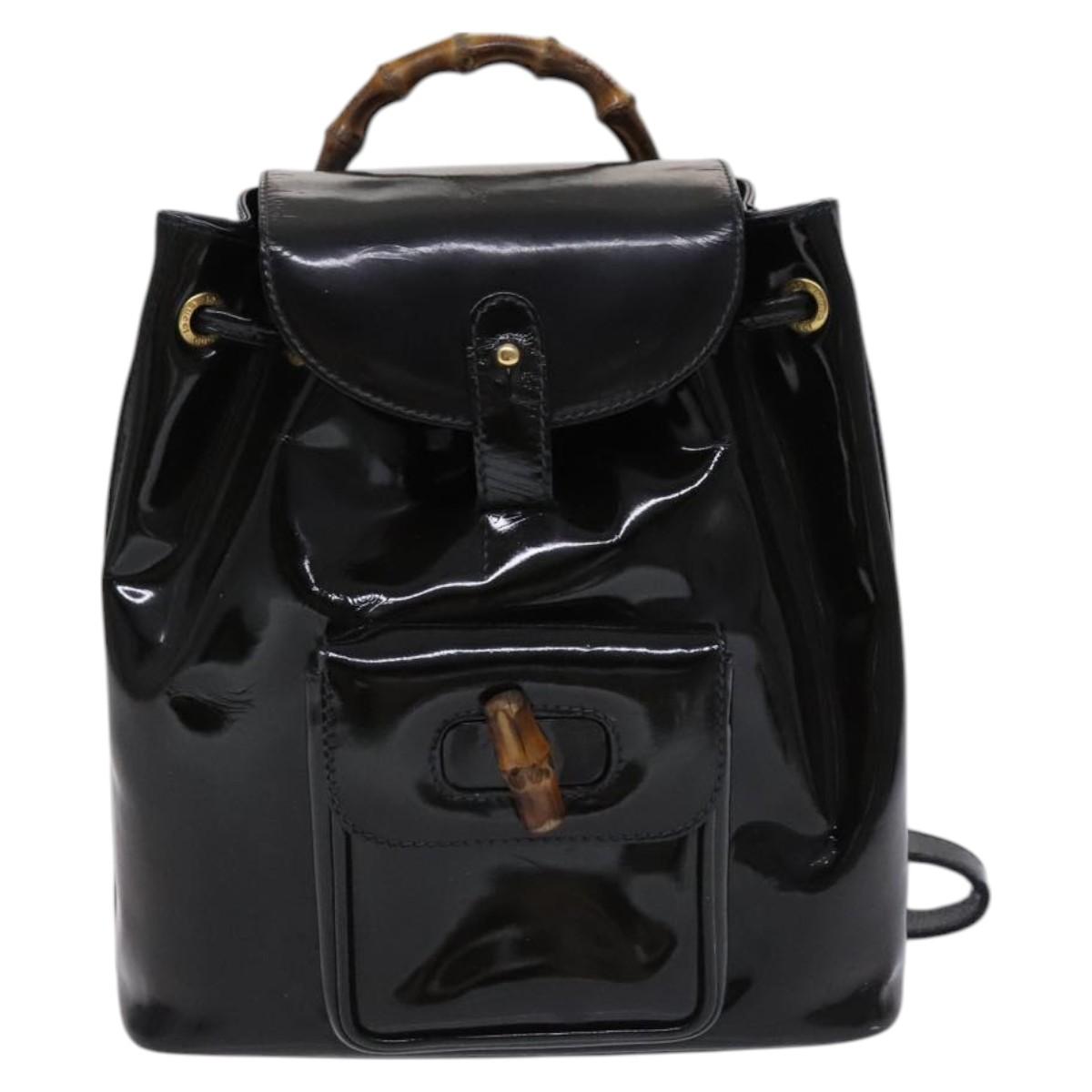 GUCCI Bamboo Backpack Enamel Black Gold Auth bs23155