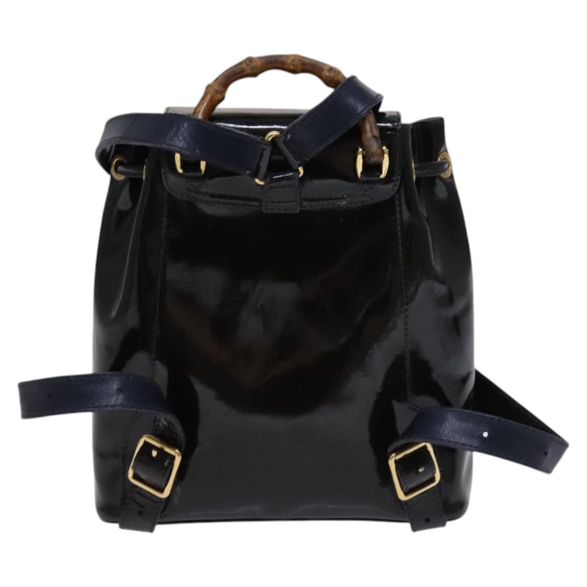 GUCCI Bamboo Backpack Enamel Black Gold Auth bs23155
