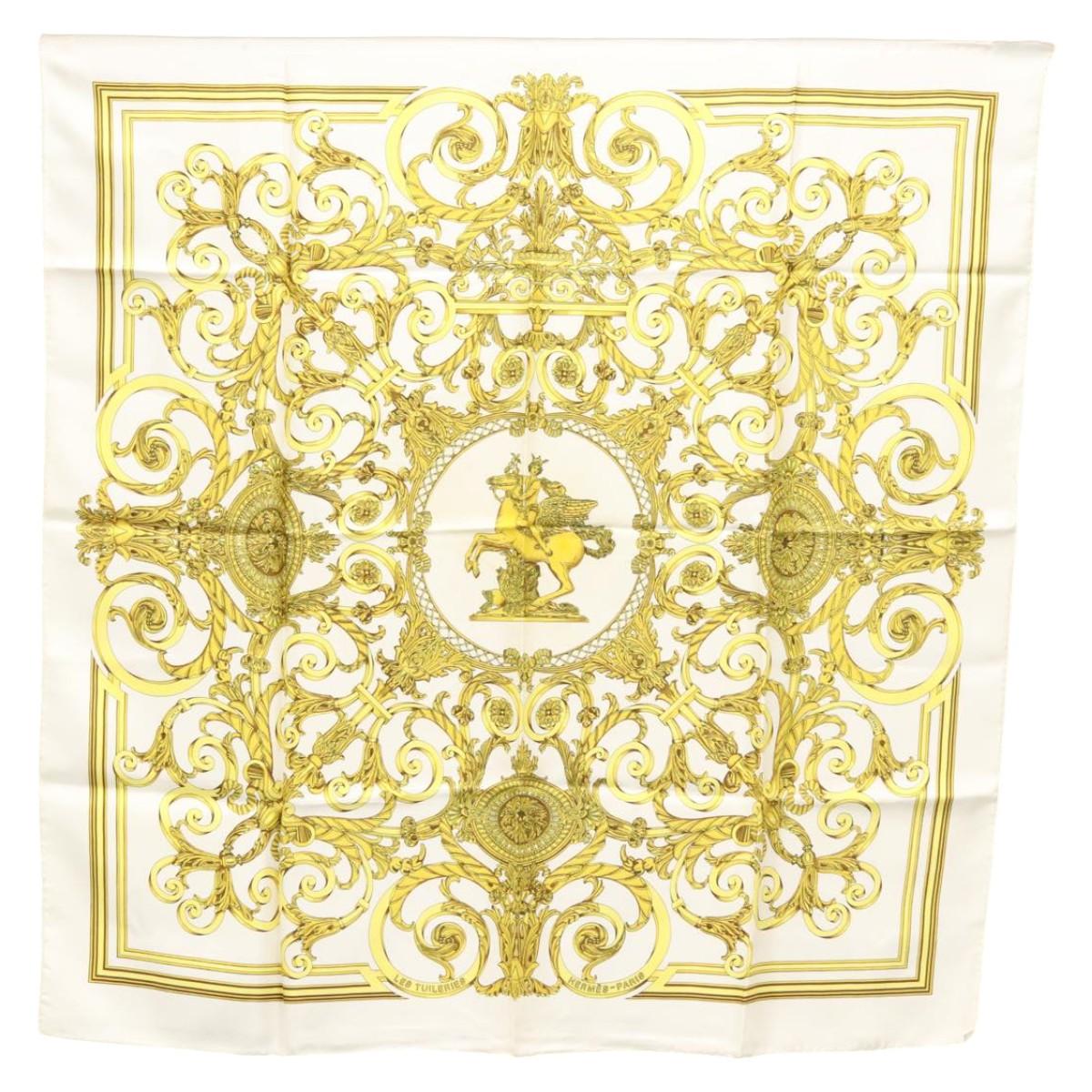 HERMES Carre 90 Scarf ""LES TUILERIES""  Silk Yellow White Auth bs23244