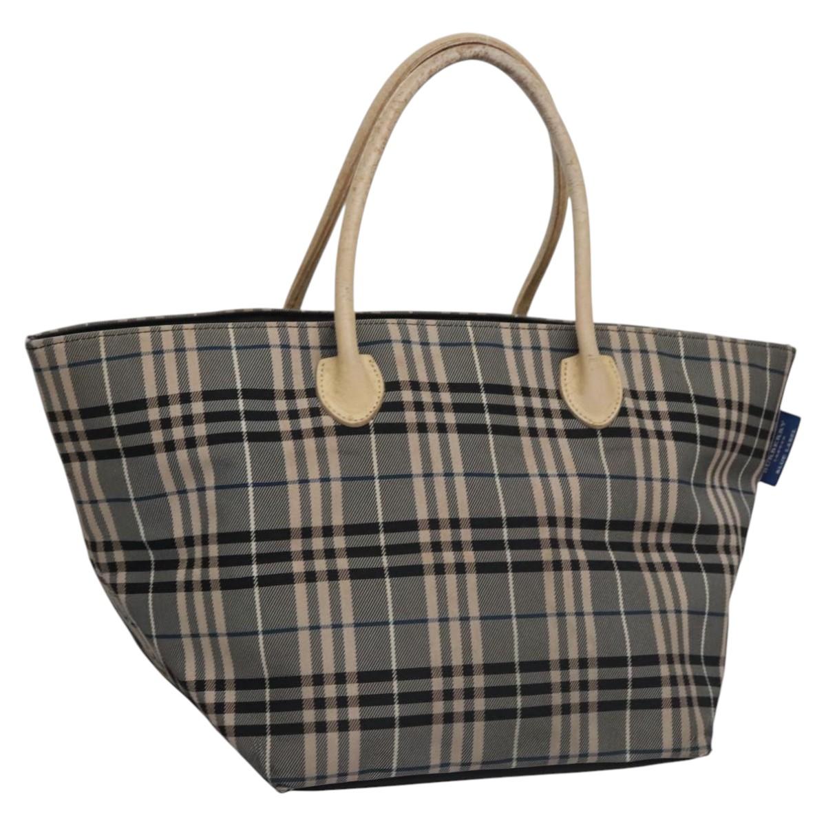 BURBERRY Nova Check Blue Label Tote Bag Nylon Beige Silver Auth bs23441