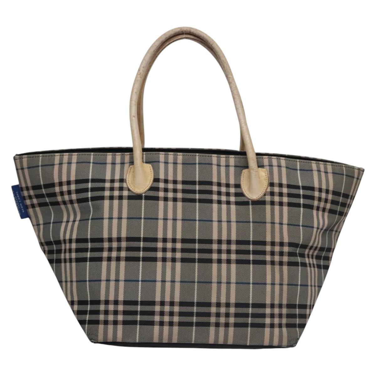 BURBERRY Nova Check Blue Label Tote Bag Nylon Beige Silver Auth bs23441