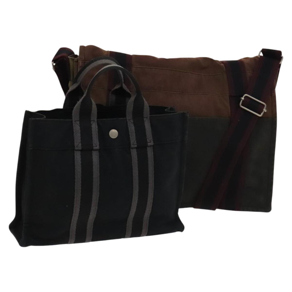 HERMES Fourre Tout Bag Canvas 2Set Black Brown Auth bs23479