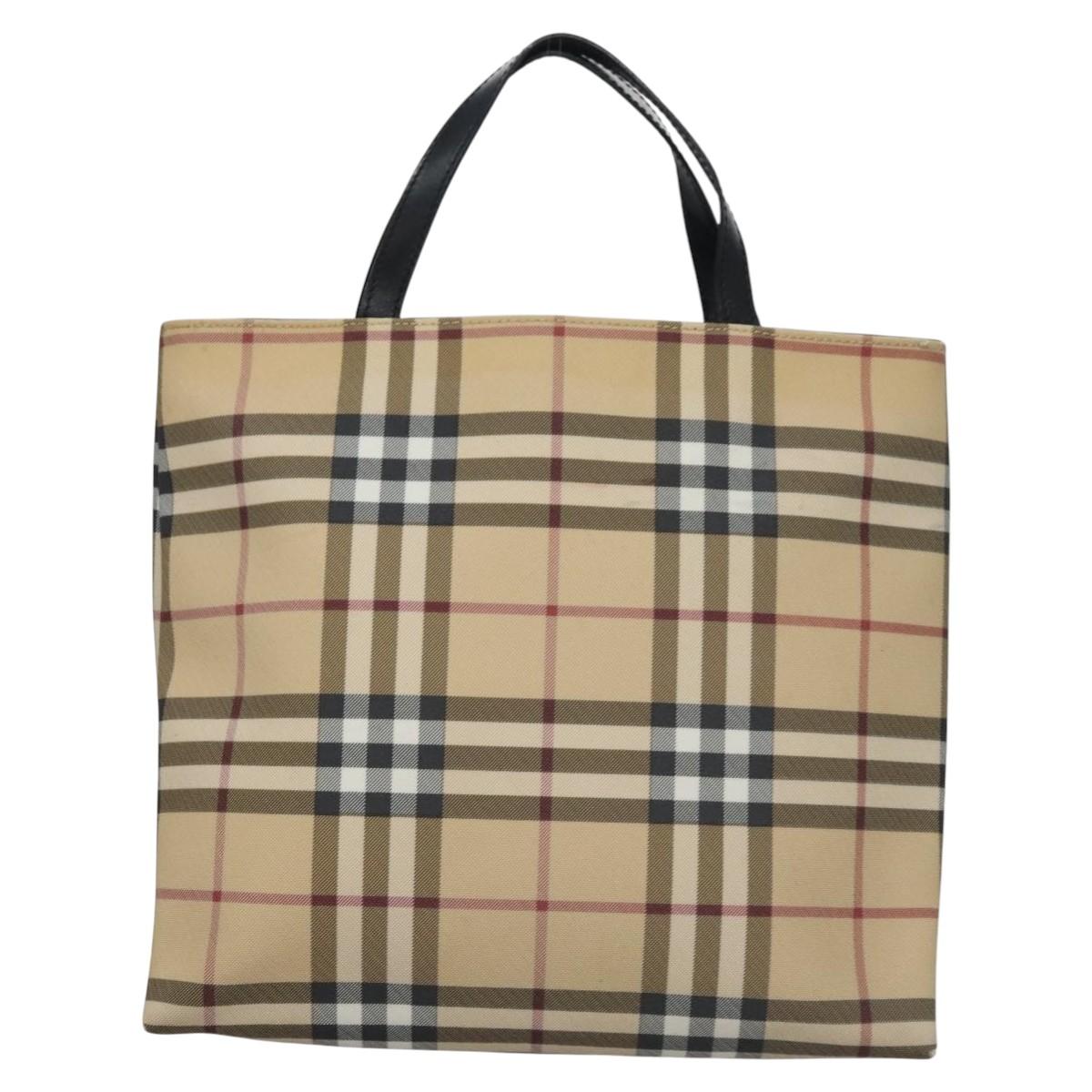 BURBERRY Nova Check Hand Bag PVC Beige Silver Auth bs23486