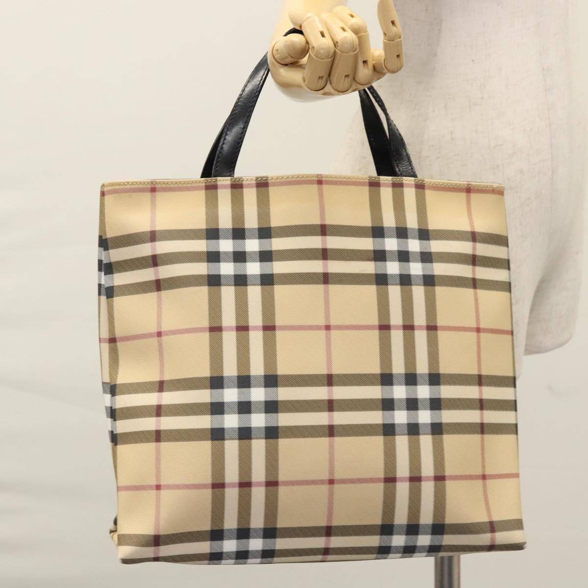 BURBERRY Nova Check Hand Bag PVC Beige Silver Auth bs23486