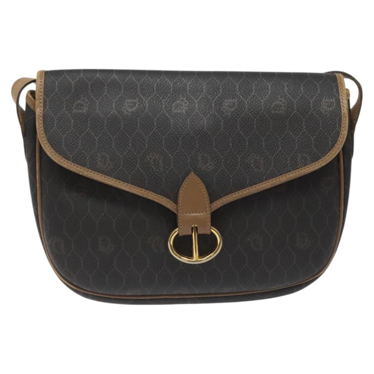 Christian Dior Honeycomb Canvas Shoulder Bag PVC Black Brown gold Auth bs23494