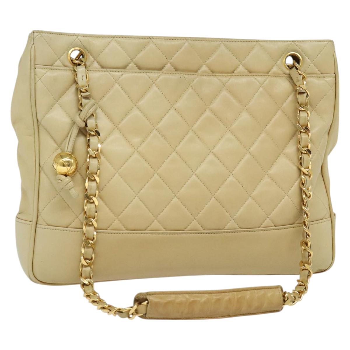 CHANEL Matelasse Chain Shoulder Bag Lamb Skin Beige Gold CC Auth bs23535