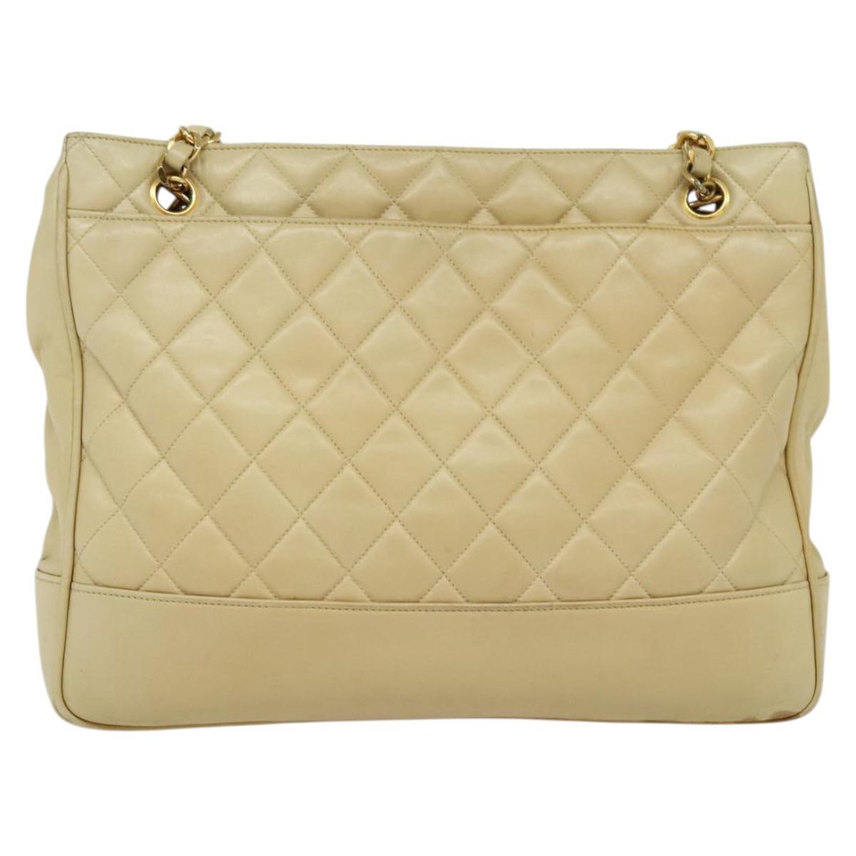CHANEL Matelasse Chain Shoulder Bag Lamb Skin Beige Gold CC Auth bs23535
