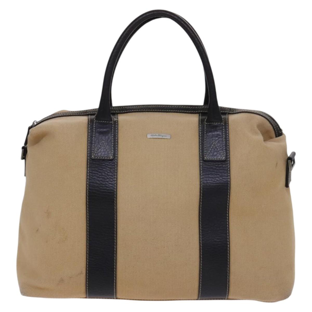 Salvatore Ferragamo Boston Bag Canvas Leather 2way Beige Silver Auth bs23541