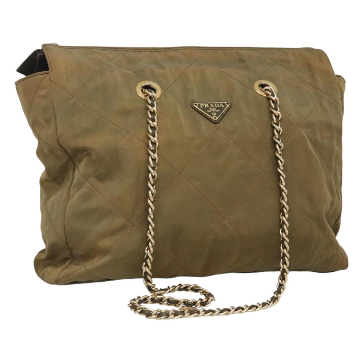 PRADA Chain Shoulder Bag Nylon Beige Gold Auth bs23630