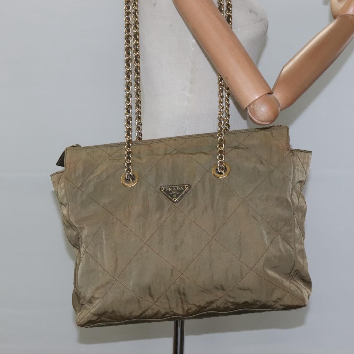 PRADA Chain Shoulder Bag Nylon Beige Gold Auth bs23630