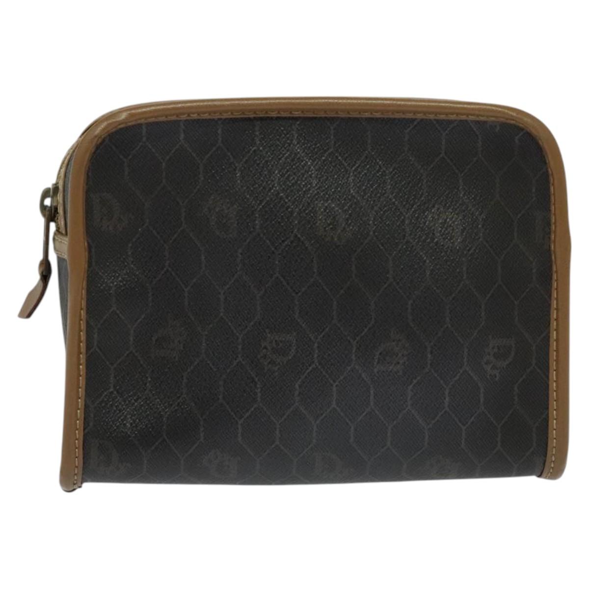 Christian Dior Honeycomb Canvas Pouch PVC Leather Black Auth bs23663