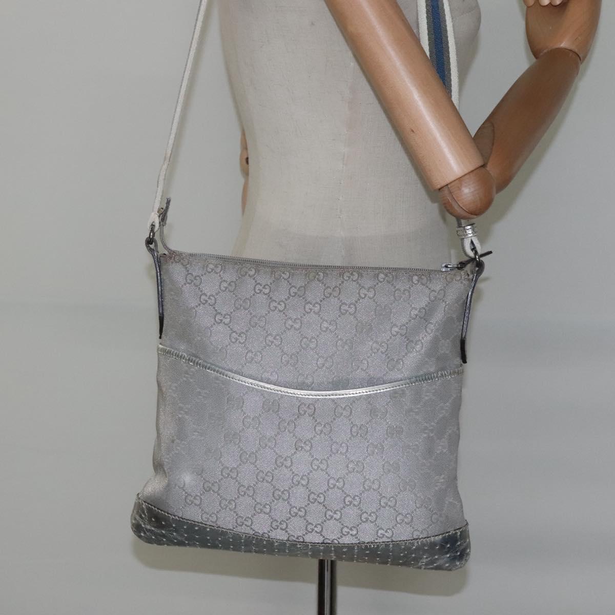 GUCCI GG Canvas Sherry Line Shoulder Bag Gray Silver blue 145857 Auth bs23771