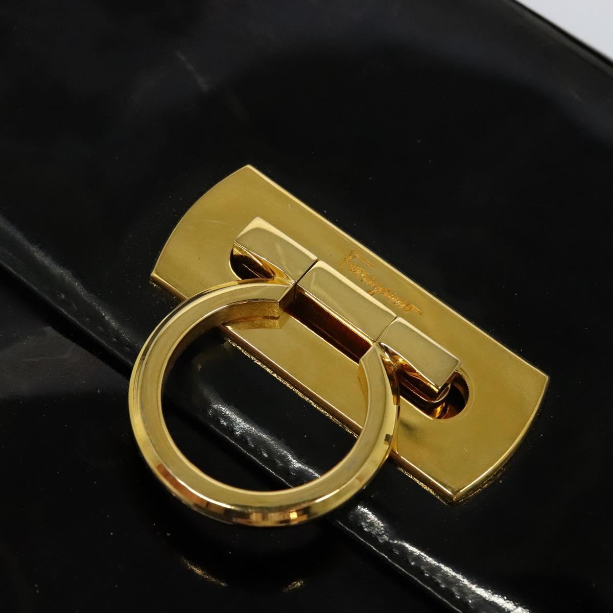 Salvatore Ferragamo Gancini Shoulder Bag Enamel Black Gold Auth bs23808