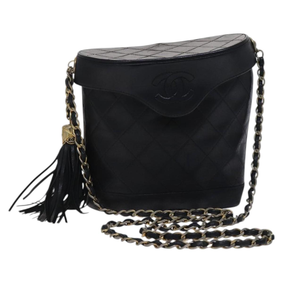CHANEL Matelasse Chain Shoulder Bag Lamb Skin Black CC Auth bs23838
