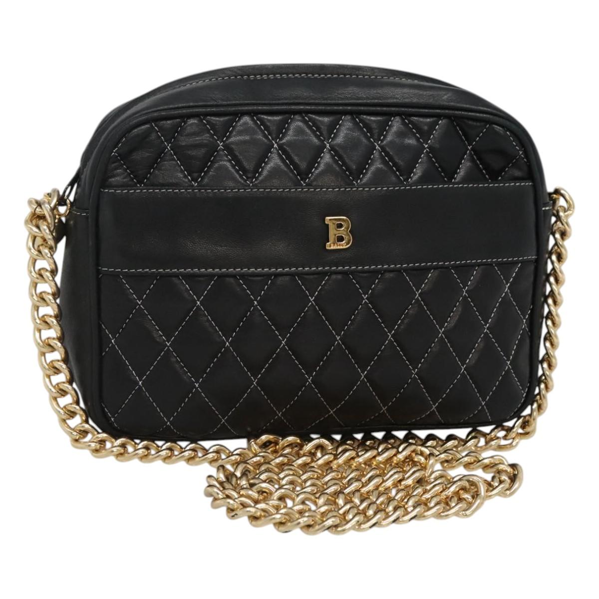 BALLY Chain Shoulder Bag Leather Black Gold Auth bs23848