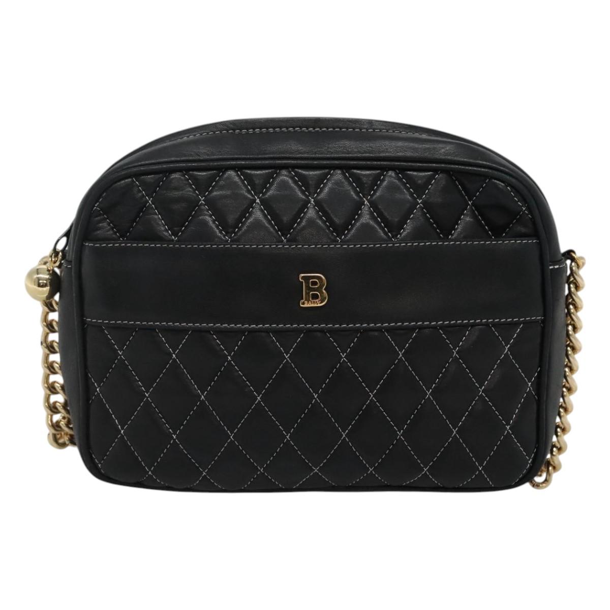 BALLY Chain Shoulder Bag Leather Black Gold Auth bs23848