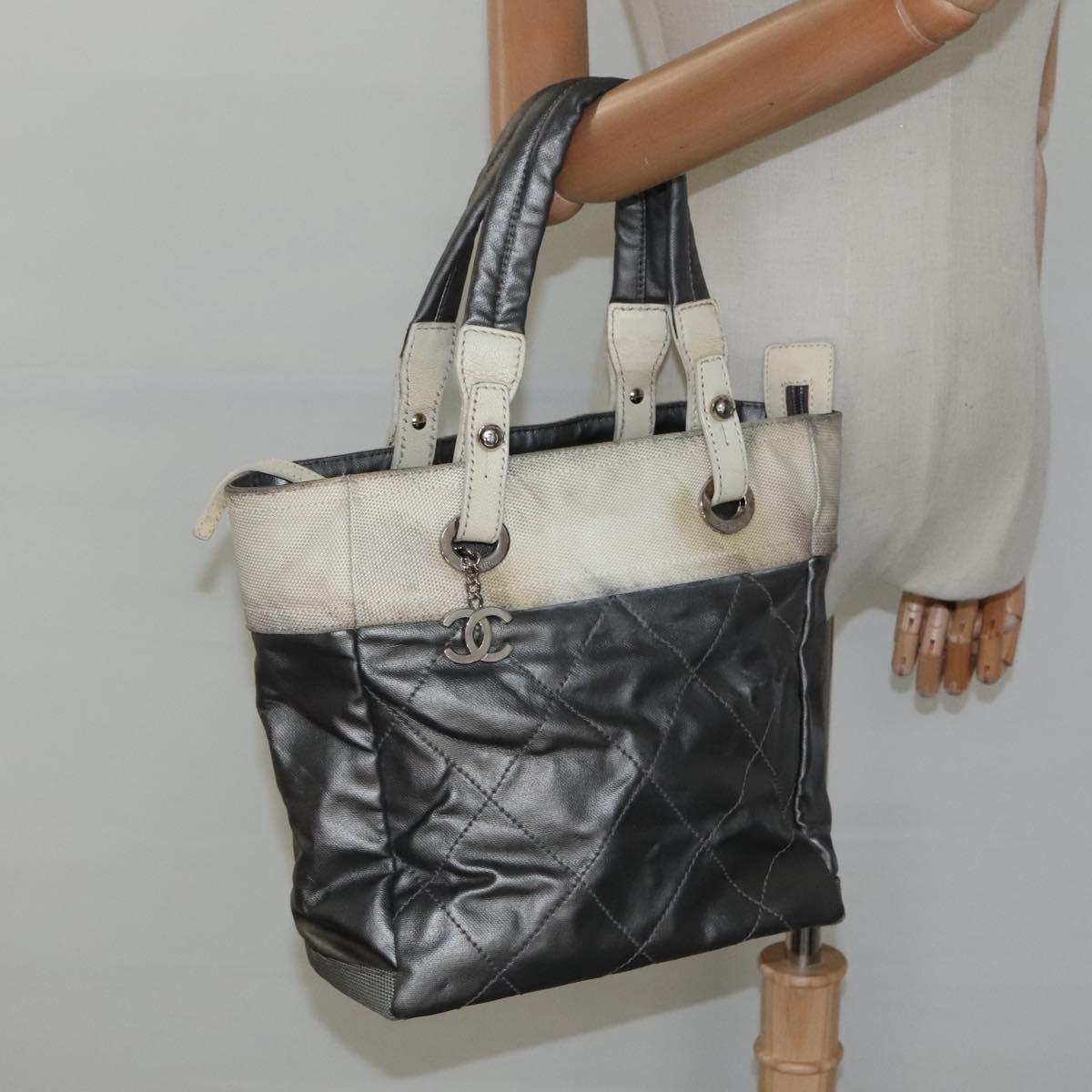 CHANEL Paris Biarritz PM Tote Bag Coated Canvas Silver CC Auth bs23887