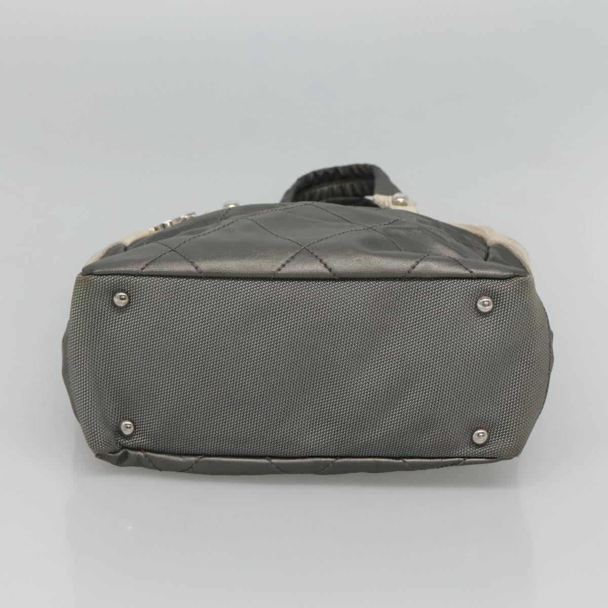 CHANEL Paris Biarritz PM Tote Bag Coated Canvas Silver CC Auth bs23887