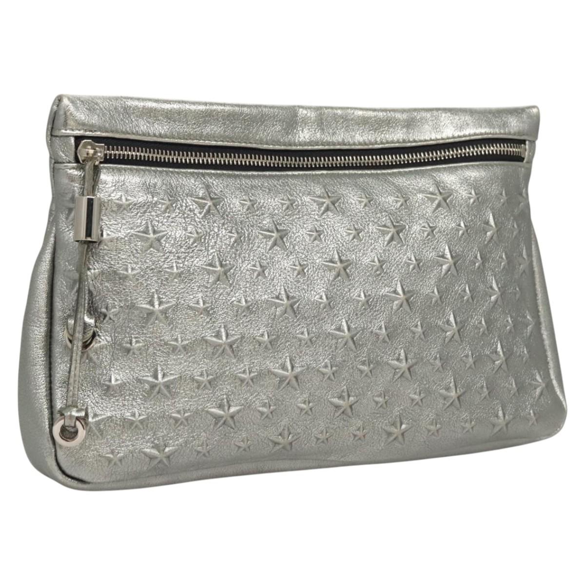 Jimmy Choo Clutch Bag Leather Silver Auth bs23914