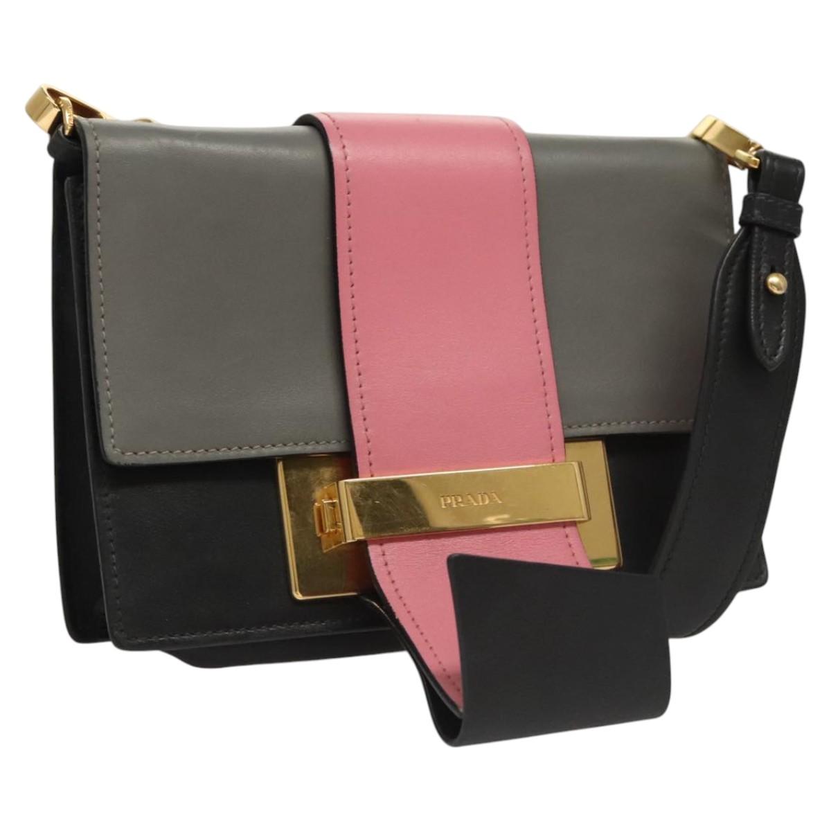 PRADA Chain Shoulder Bag Leather Gray Gold Auth bs23951