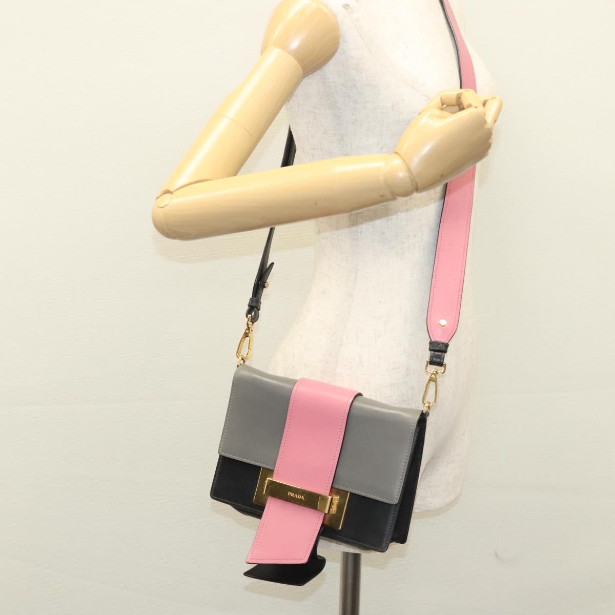 PRADA Chain Shoulder Bag Leather Gray Gold Auth bs23951