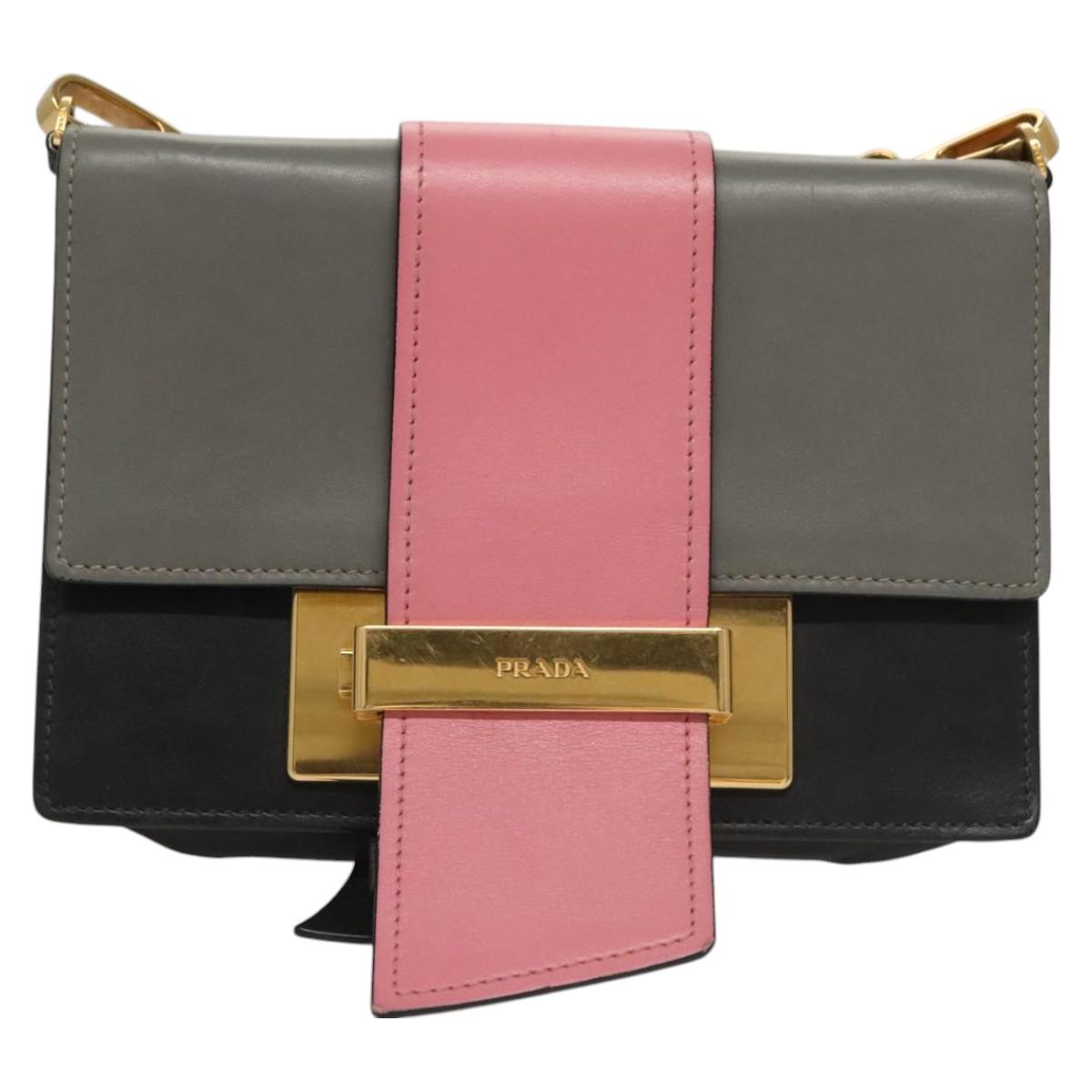 PRADA Chain Shoulder Bag Leather Gray Gold Auth bs23951
