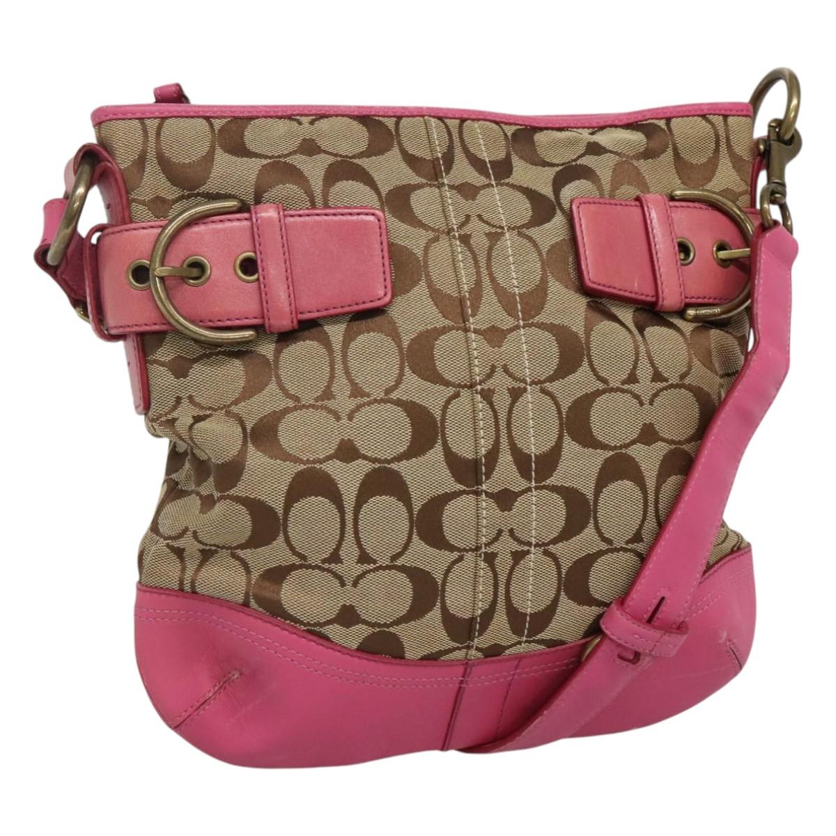 Coach Signature Shoulder Bag Canvas Beige Pink Auth bs24115