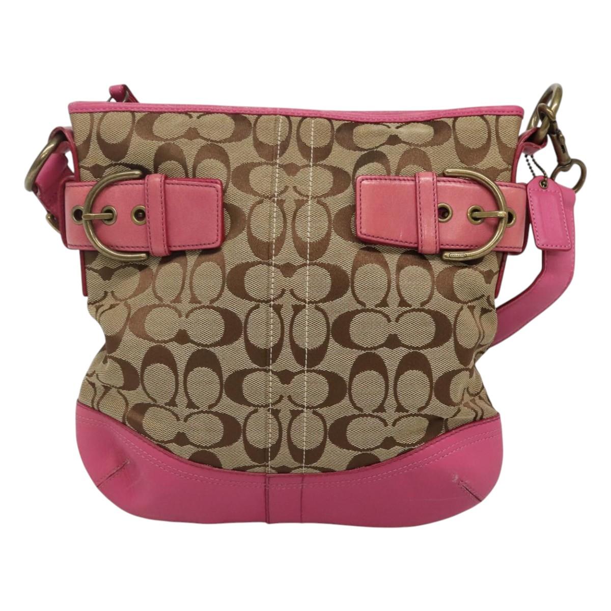 Coach Signature Shoulder Bag Canvas Beige Pink Auth bs24115