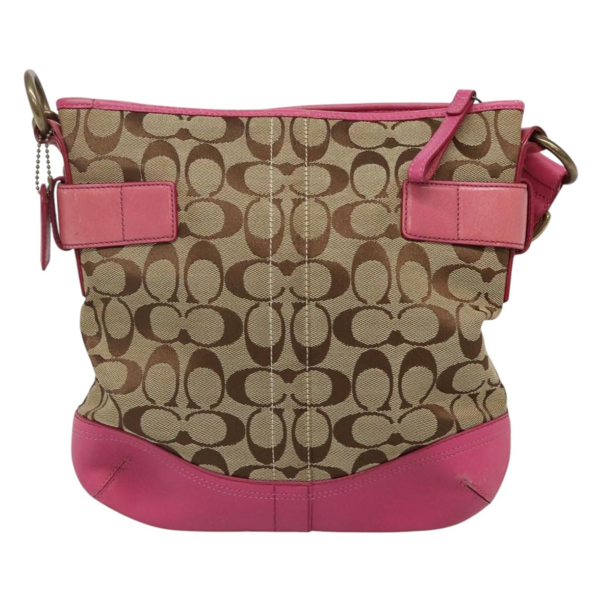 Coach Signature Shoulder Bag Canvas Beige Pink Auth bs24115