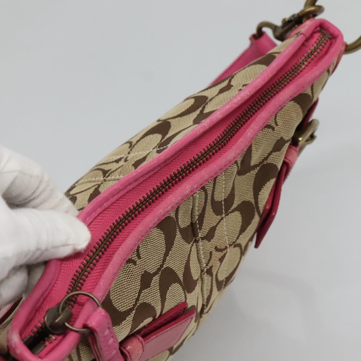 Coach Signature Shoulder Bag Canvas Beige Pink Auth bs24115