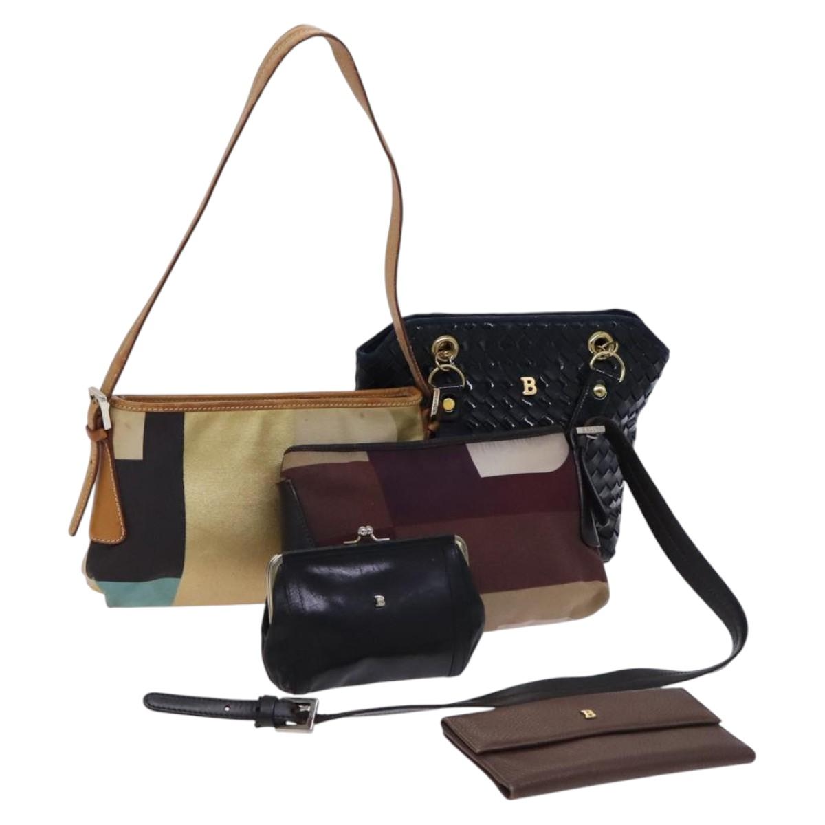 BALLY Shoulder Bag Canvas Leather 5Set Beige Brown Navy Auth bs24168