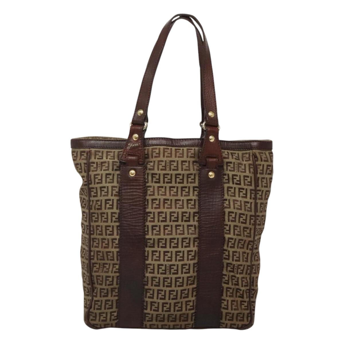 FENDI Zucchino Canvas Tote Bag Beige Gold Auth bs24207