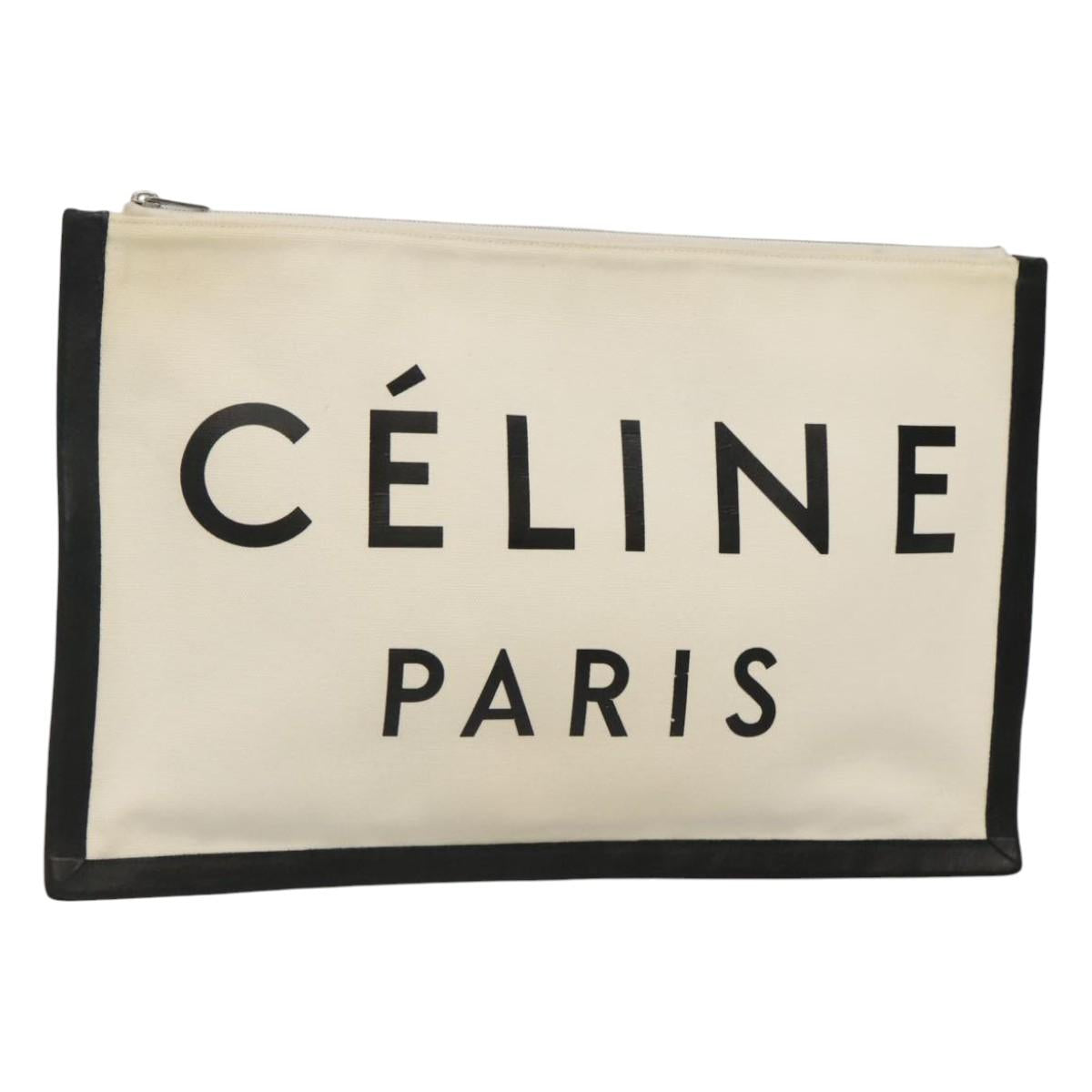 CELINE Clutch Bag Canvas White Black Auth bs24215