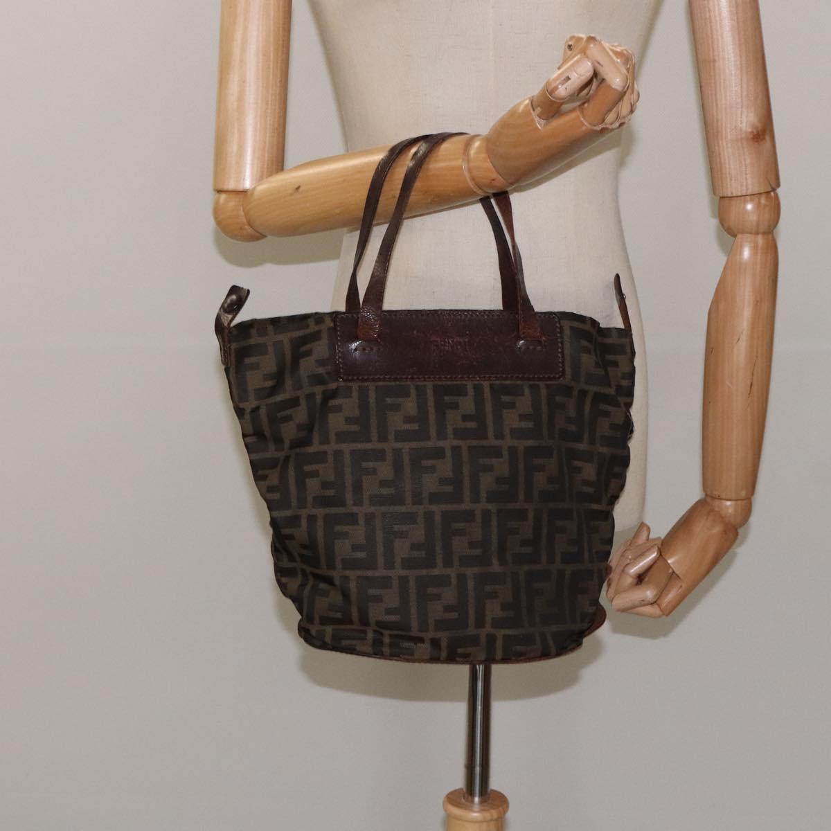 FENDI Zucca Canvas Hand Bag Black Brown Silver Auth bs24219