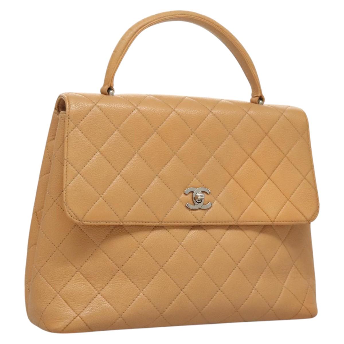CHANEL Matelasse Hand Bag Calf Skin Beige CC Auth bs24263