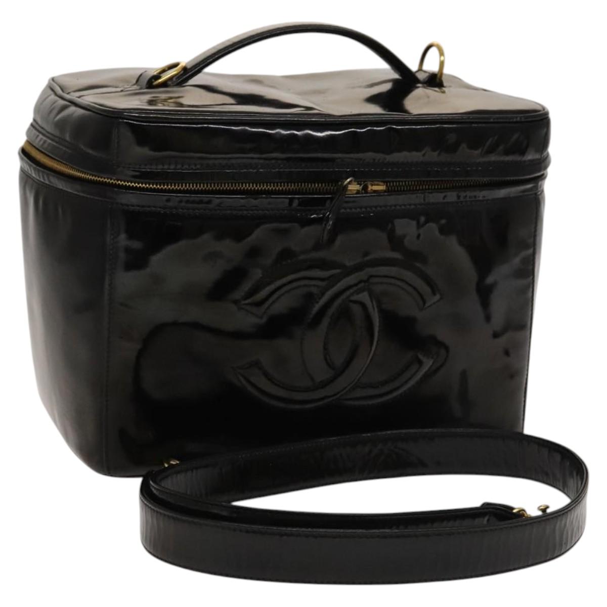 CHANEL Vanity Pouch Patent leather 2way Black Gold CC Auth bs24264